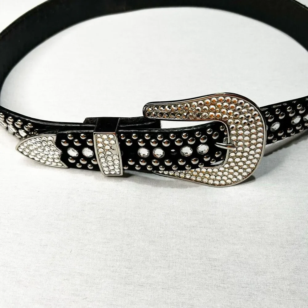 BB Simon Calf-hair Belt Dark Brown with Swarovski Crystals and Silver Studs